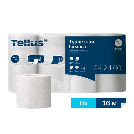 Бумага туалетная  Tellus Комфорт T4, 8 рул, 16м, 3-сл. (242400)